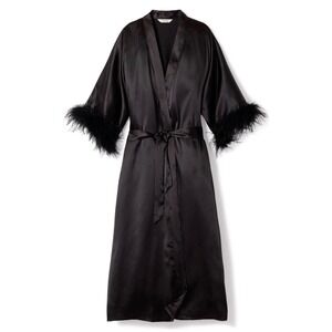 Petite Plume Mulberry 100% Silk Black Robe Feather Trim NO BELT Womens Small